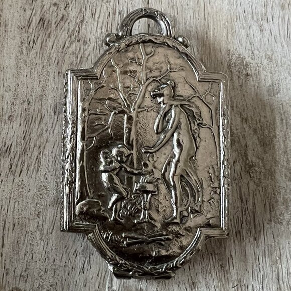 Art Nouveau Lady Goddess Nymph Nude Locket Pendant 2 Sided Silver Plated - Picture 2 of 9